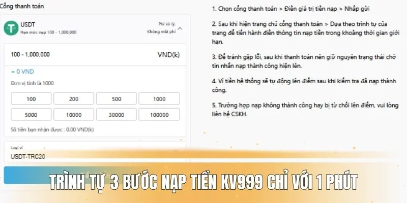 Trình tự 3 bước nạp tiền KV999 chỉ với 1 phút